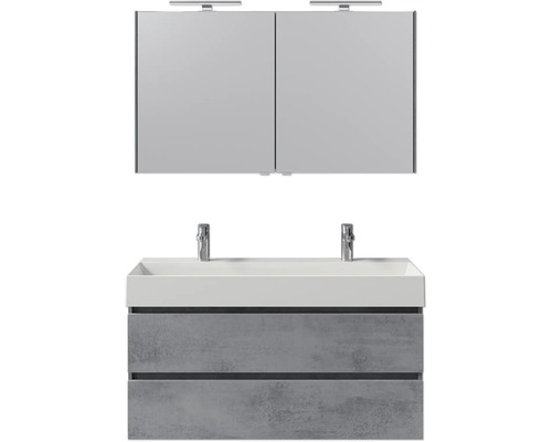 5-delige badkamermeubelset en meer Pelipal Torino BxHxD 121 x 200 x 40 cm Frontkleur oxide donkergrijs met keramische wastafel wit en keramische dubbele wastafel Onderkast Spiegelkast met LED-verlichting Set-125-054