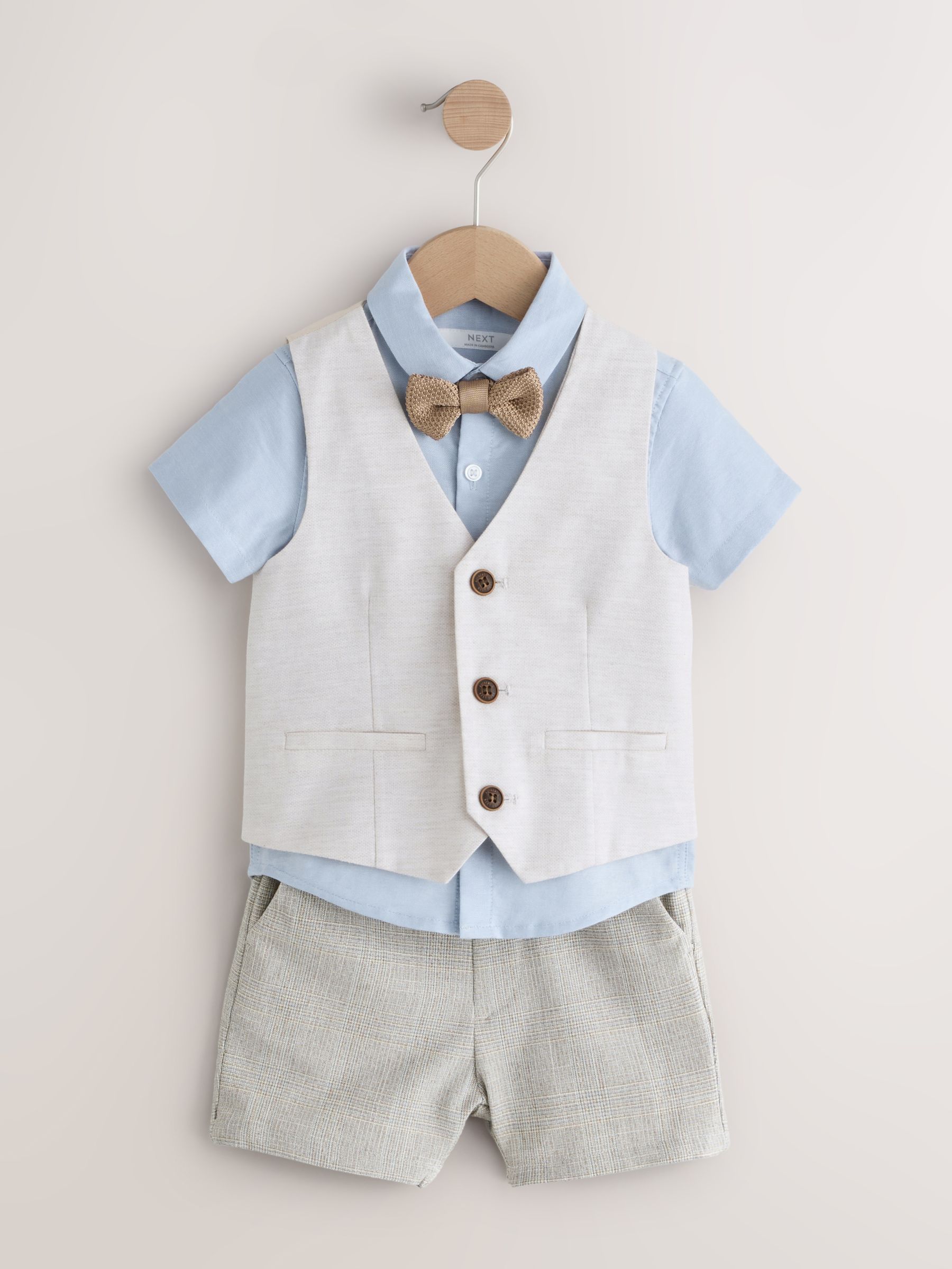 Naturel bruin - Set met gilet, overhemd, short en vlinderdas (3mnd -9jr)