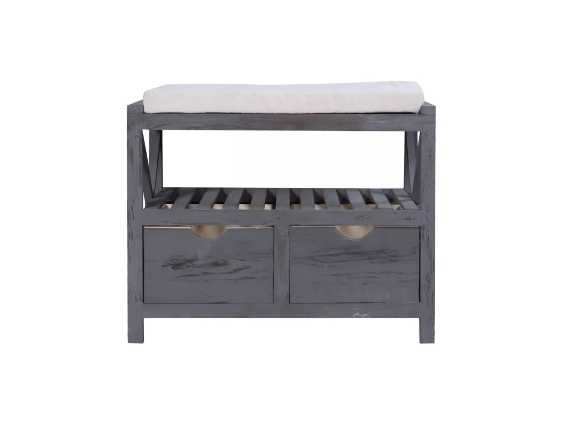 Banc Banquette Assise 2 Tiroirs Bois Gris Shabby Chic 43x65x34