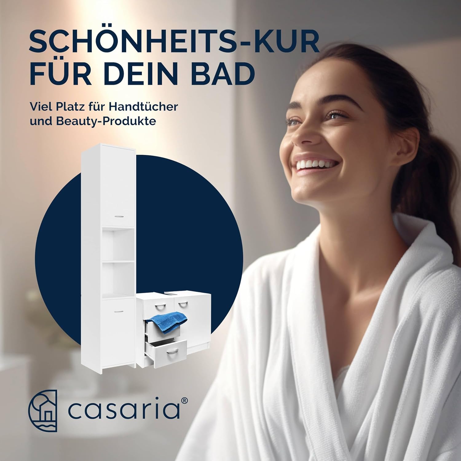 Casaria® Badmöbel Set 2-TLG Weiß Waschbeckenunterschrank Badezimmerhochschrank Unterschrank mit Schubladen Hochschrank Bad Regal Holz Für Kleine Bäder