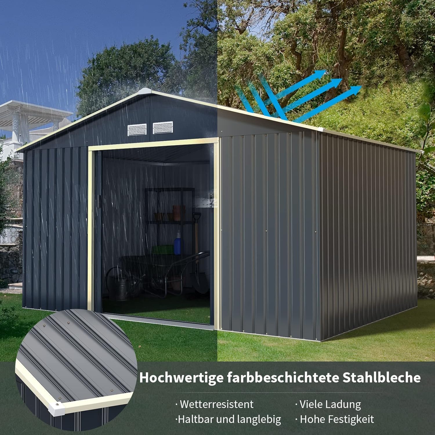 FANTASK 340x255x210 cm Gerätehaus Metall Outdoor, Geräteschuppen abschließbar, Garten Schuppen mit 4 Luftschlitzen & Schiebetür