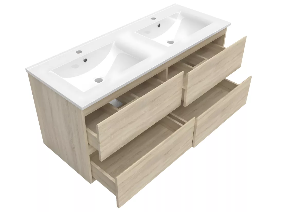 Meuble salle de bain naturel avec 4 tiroirs à une fermeture amortie avec deux vasques à suspendre 120x46x52(L*W*H)cm