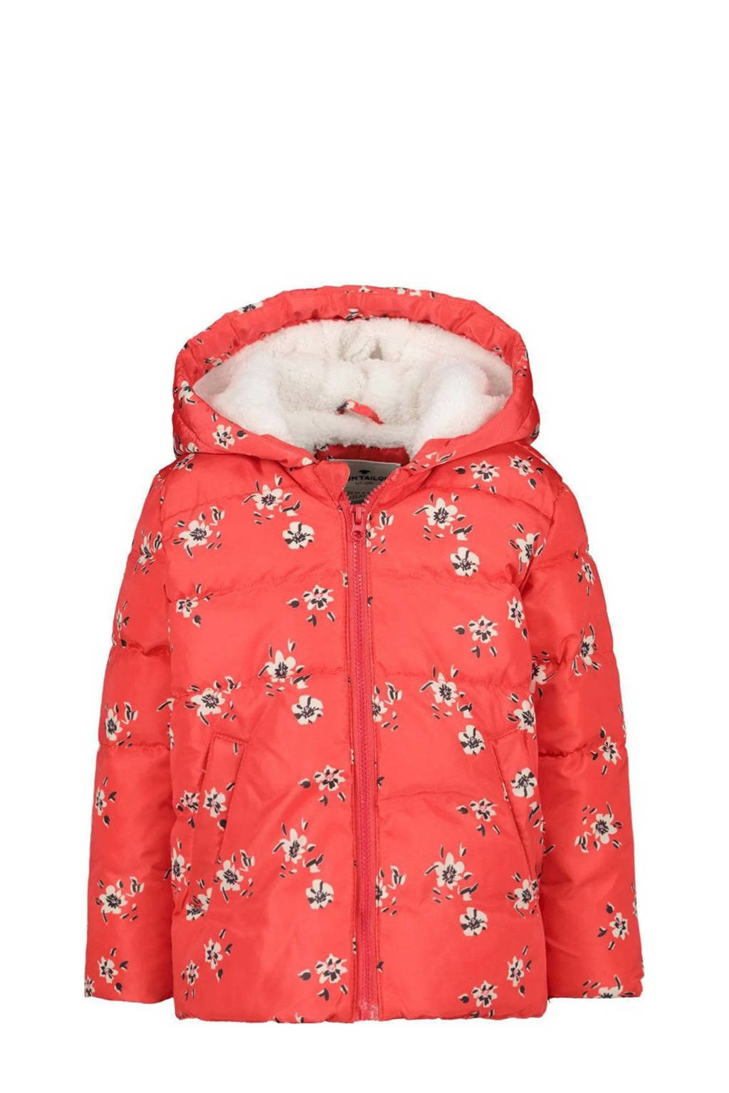 Tom Tailor baby gebloemde gewatteerde winterjas koraaloranje/wit/zwart