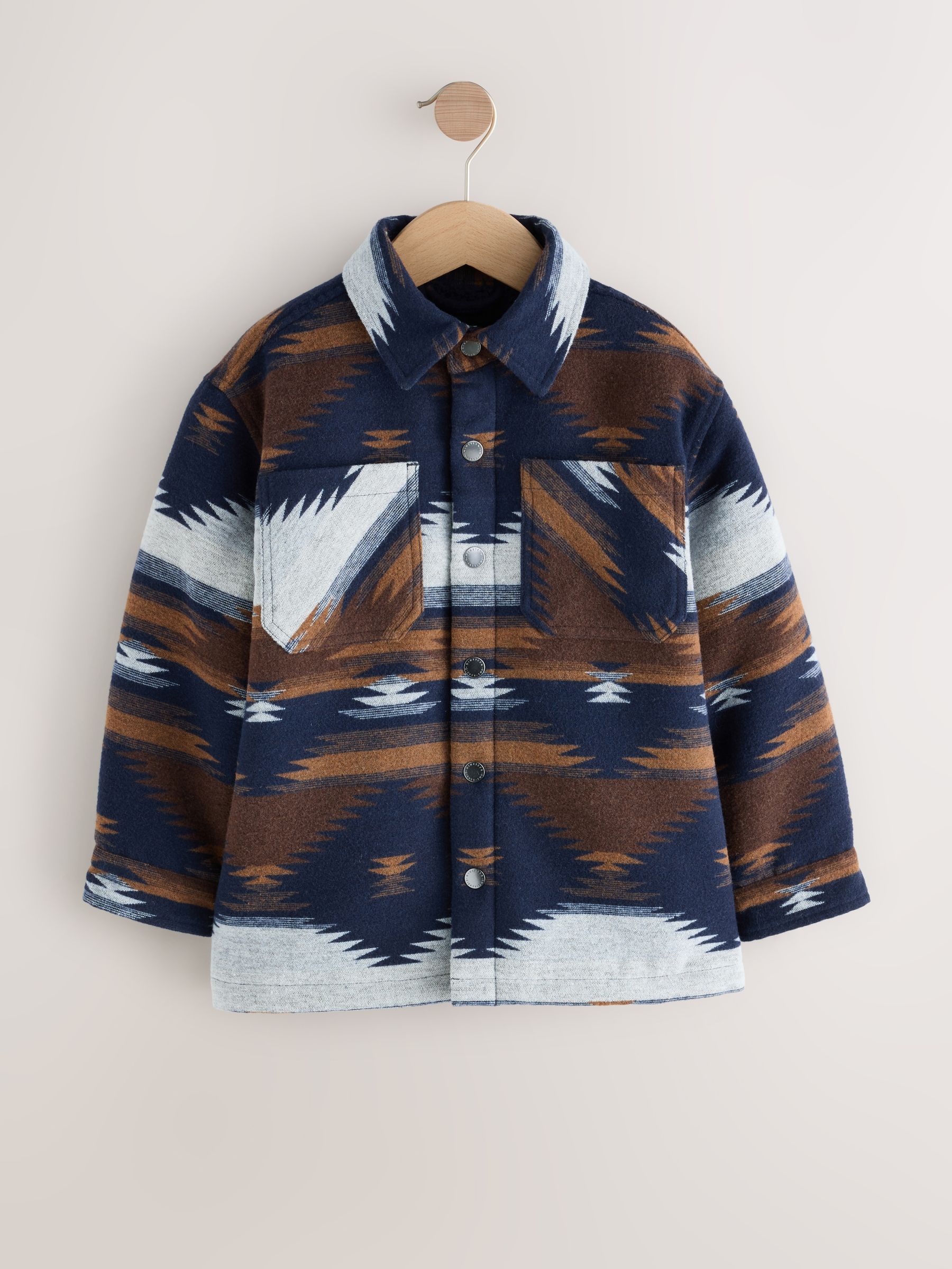 Lichtbruin/Marineblauw Ikat-patroon - Gevoerde shacket (3-16jr)