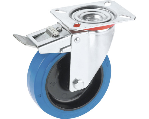 Tarrox transportmaterieel zwenkwiel, tot 150 kg, met blauw elastisch wiel, plaat en totale vergrendeling, 100 x 128 x 36 mm