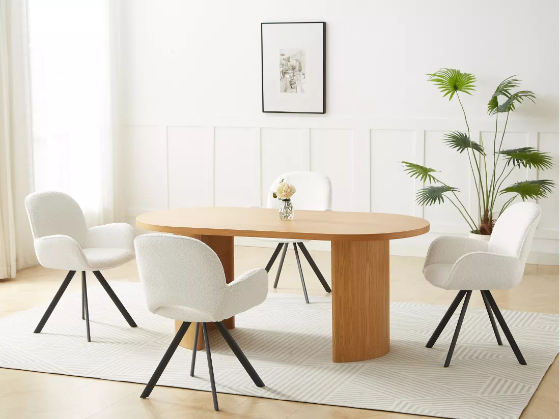 Lot de 2 chaises avec accoudoirs en tissu bouclette et métal noir - Blanc - DORNELA