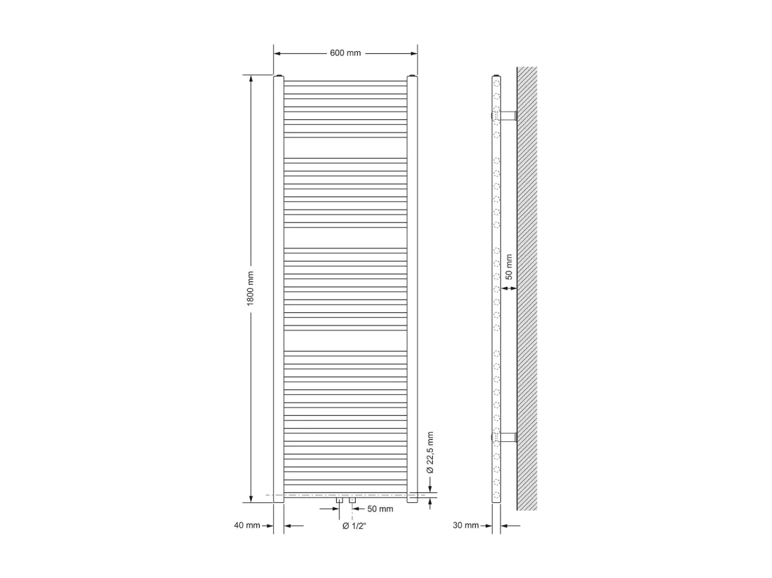 Radiateur Design Sahara Non Electrique, 600 x 1800 mm, Blanc, Connexion Central, avec Kit