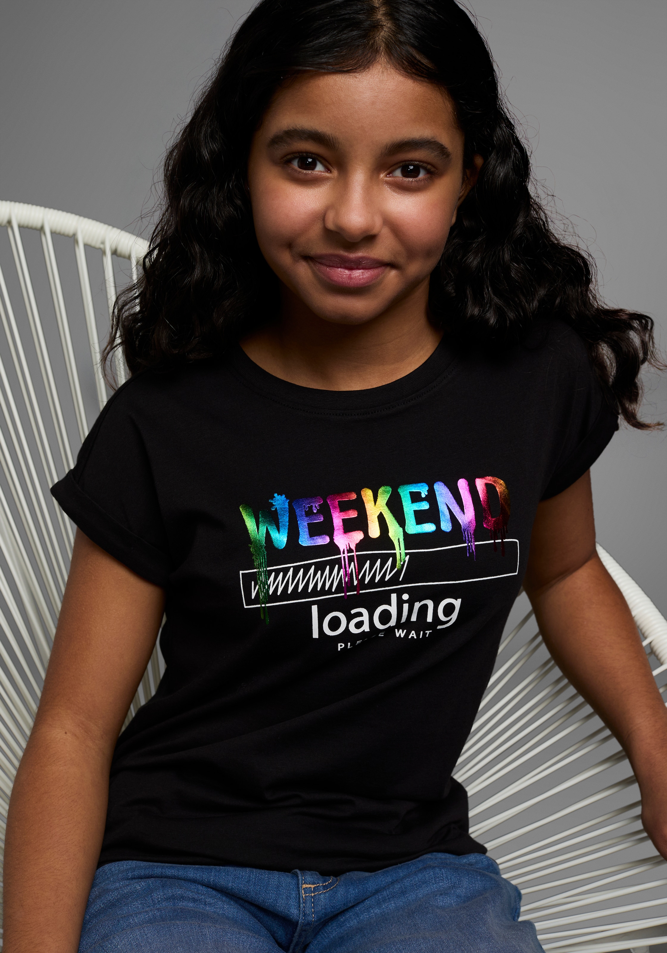 KIDSWORLD T-Shirt »WEEKEND loading...please wait«, Kurzarm,  weite Passform,  bedruckte Optik,  Rundhalsausschnitt
