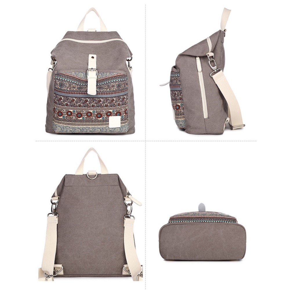 (38x30cm) Leinen Rucksack Fashion Umhänge Schulter Tasche Ethno Style - Grau