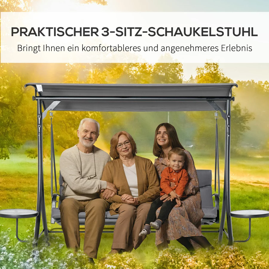 Outsunny 3-Sitzer Hollywoodschaukel mit verstellbarem Sonnendach grau, schwarz