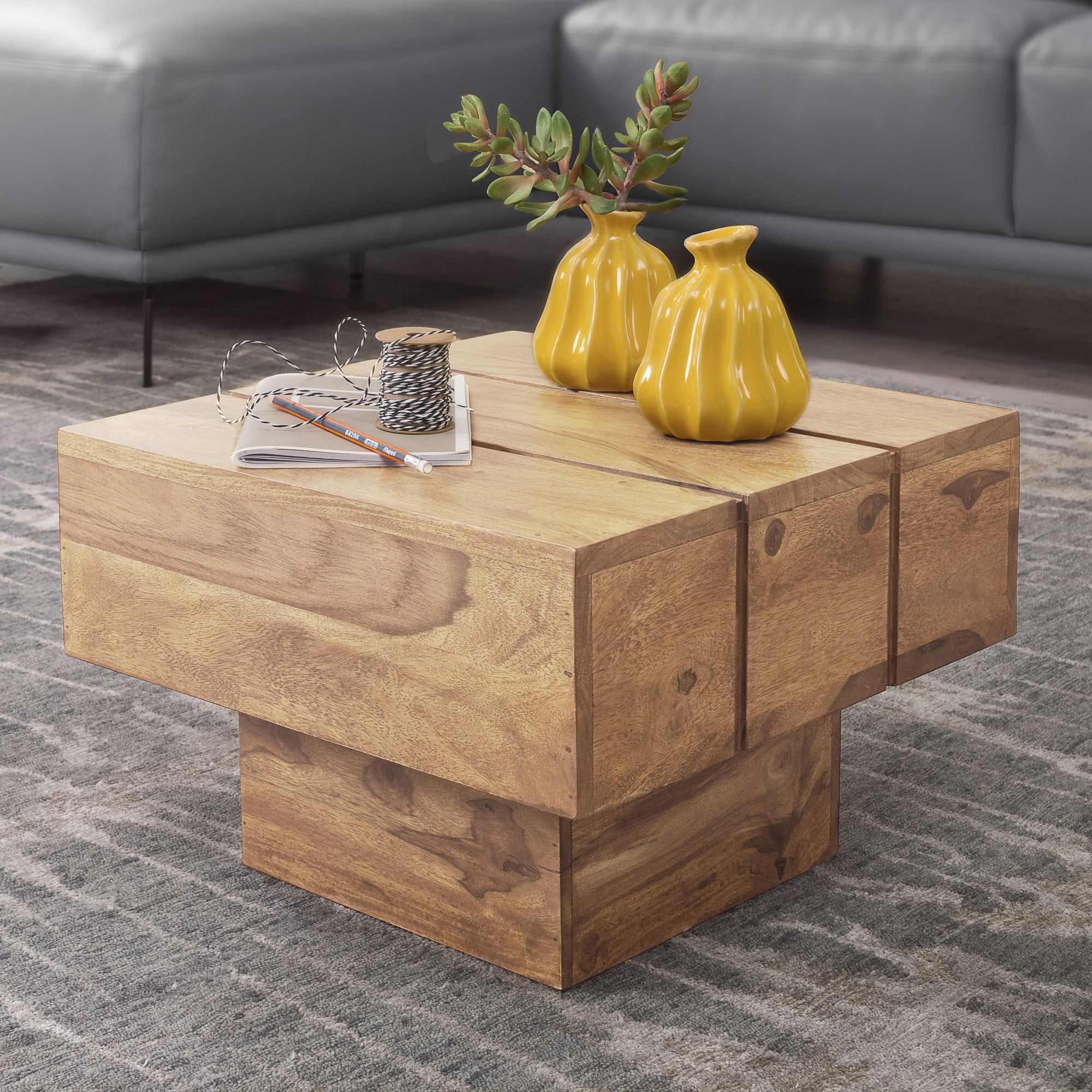 KADIMA DESIGN Beistelltisch SAAR: Massivholz, 44x44x30 cm, handgefertigtes Unikat, Sheesham/Akazie