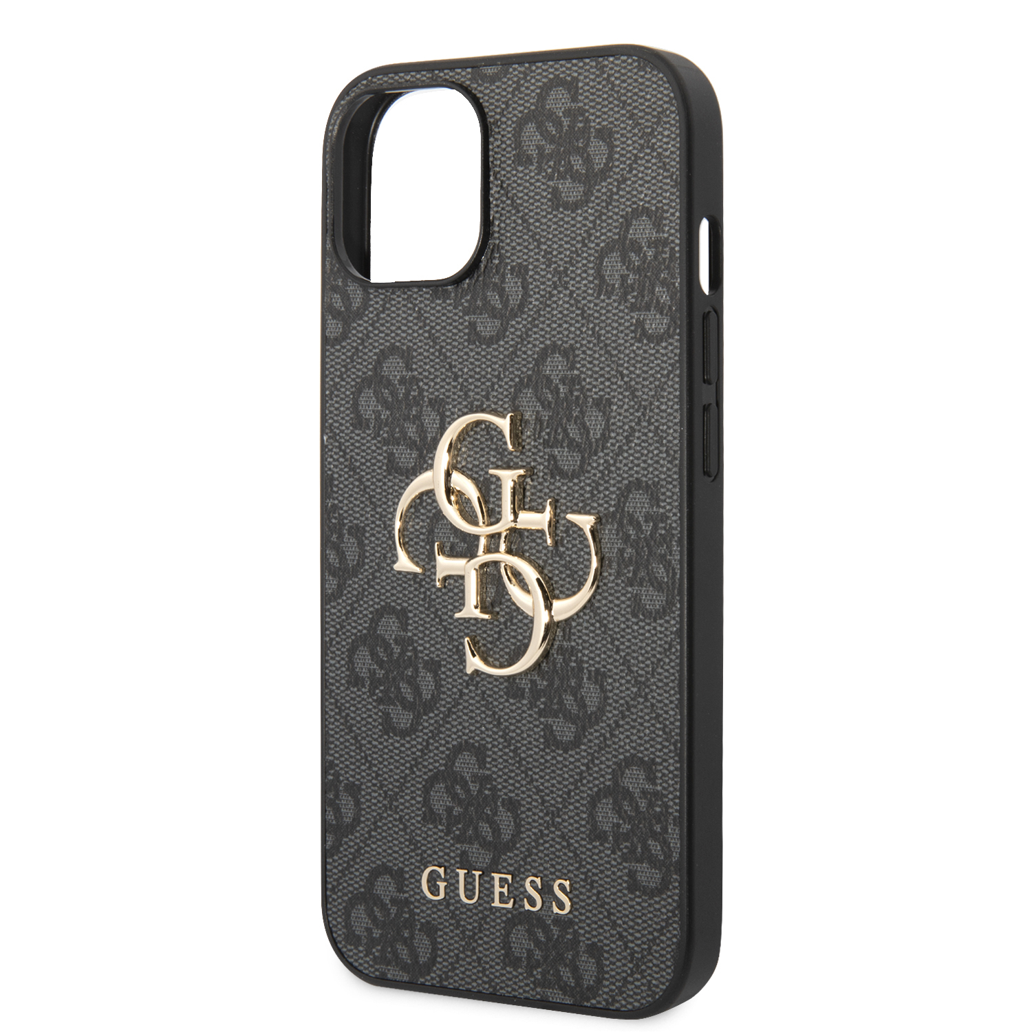 iPhone 14 Leder Hardcase Hülle Metall Logo (GUHCP14S4GMGGR) - Grau / Gold