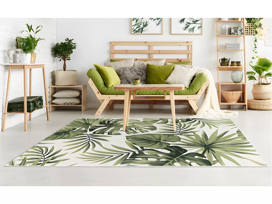Tapis intérieur ou extérieur ethnique motifs feuilles - 150 x 200 cm - Vert - PALMO