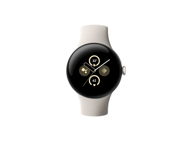 Google Pixel Watch 2 - Poleret sølvaluminium - smart ur med aktivt bånd - fluoroelastomer - porcelæn - båndstørrelse: S/L - 32 GB - Bluetooth, Wi-Fi, NFC, LTE - 4G - 31 g