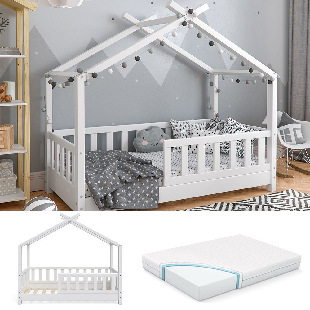 VitaliSpa Kinderbett Hausbett DESIGN 70x140cm Weiß Zaun inkl. Matratze 70x140cm