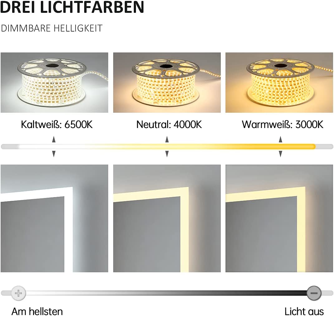 EMKE Badkamerspiegel met verlichting, LED-spiegel met aanraakschakelaar, anti-condens, 80 x 60 cm, koel wit/warm wit/neutraal wit