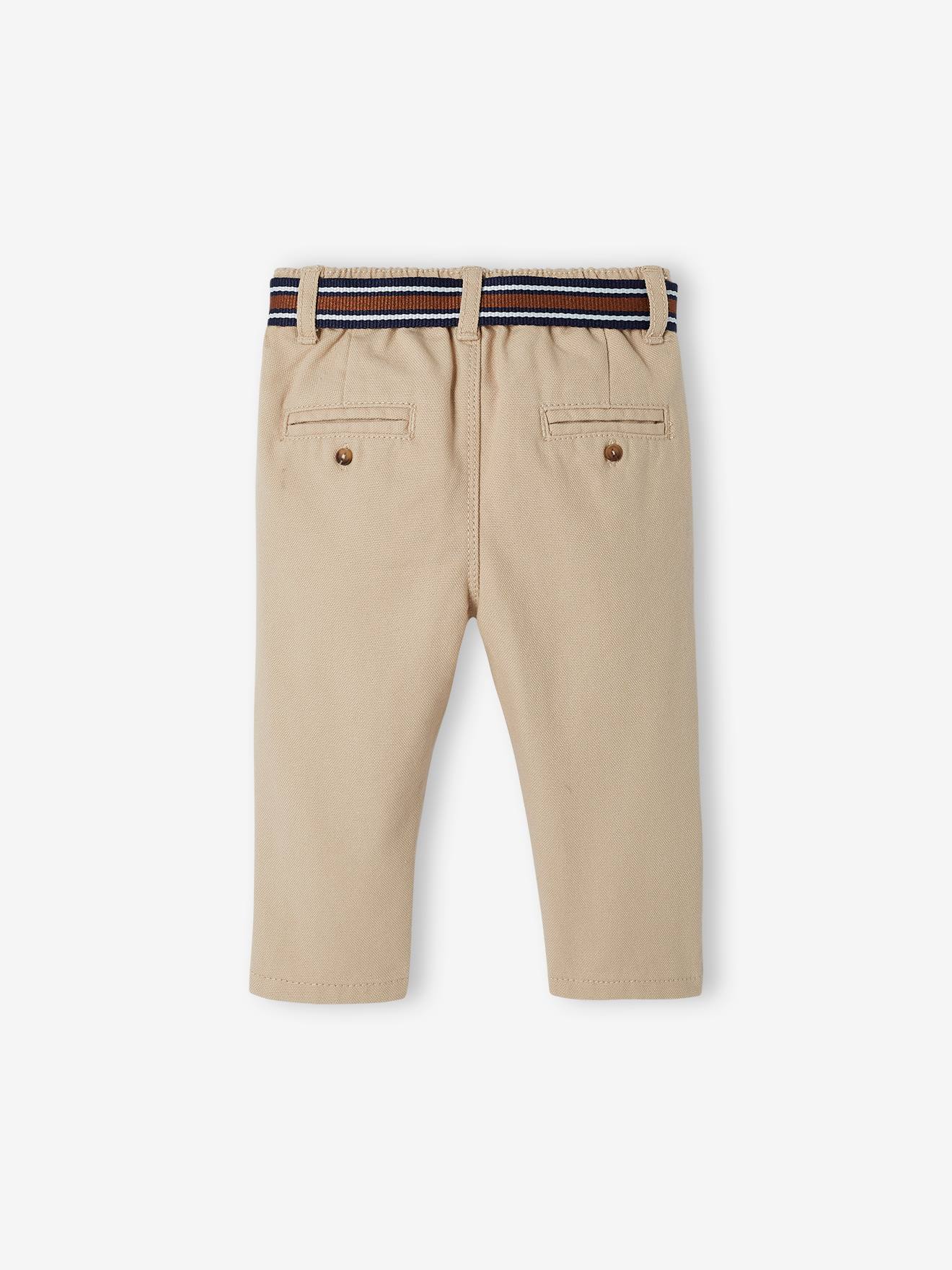 Calça social bege para bebê com cinto.