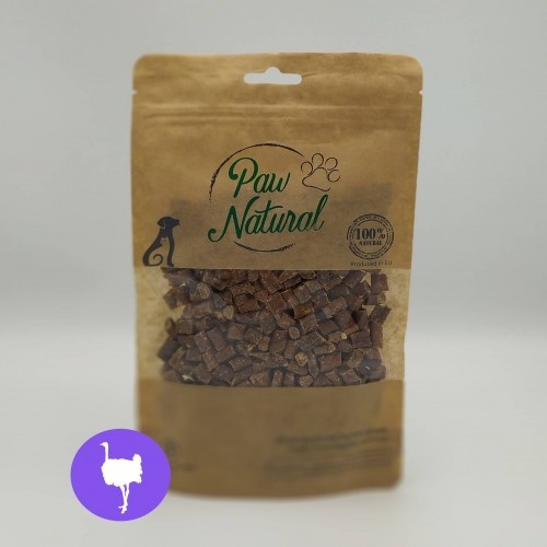 Petiscos naturais Paw com sabor de avestruz para cães.