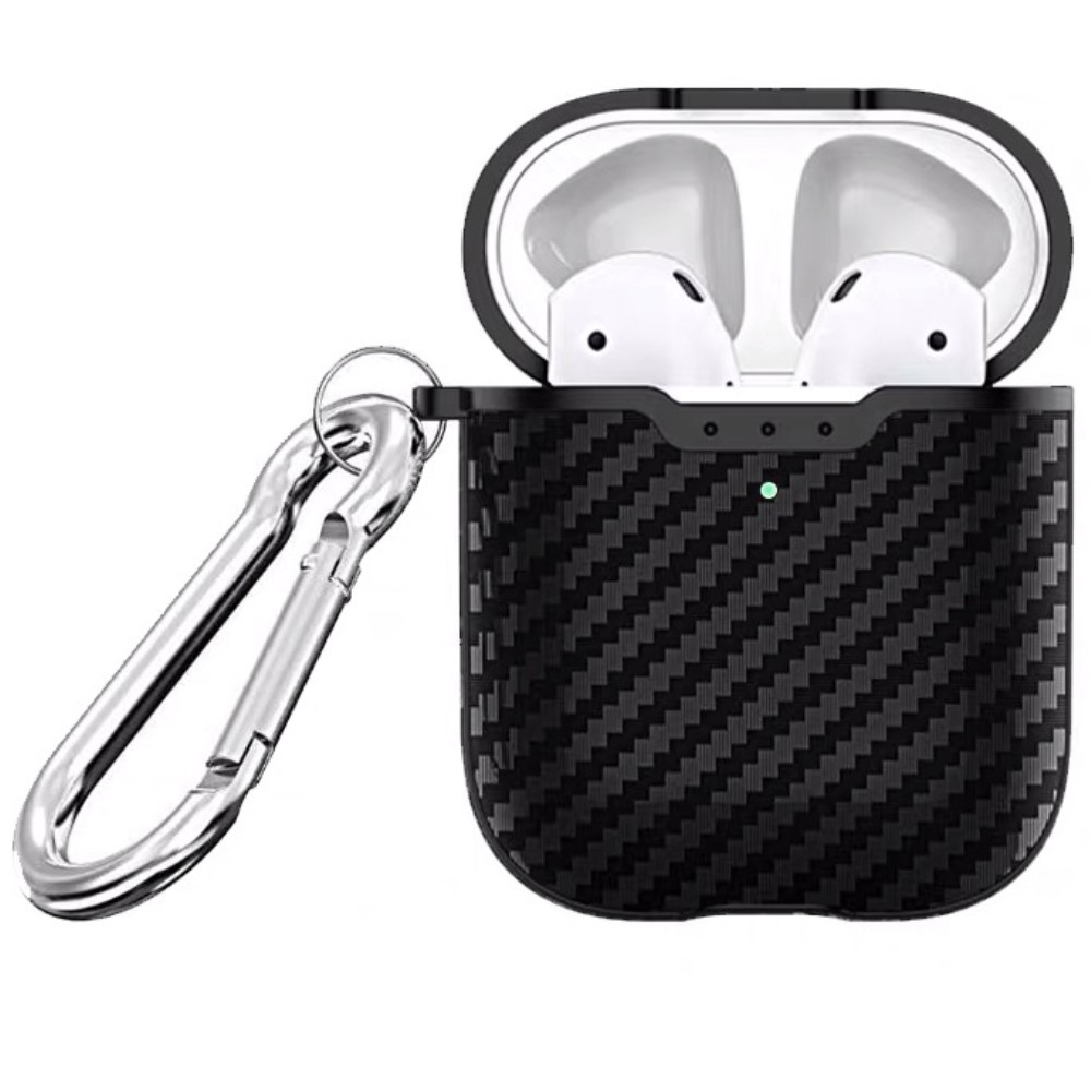 AirPods (1. & 2. Generation) Gummi Schutzhülle Abdeckung mit Karabinerhaken Carbon Look - Schwarz
