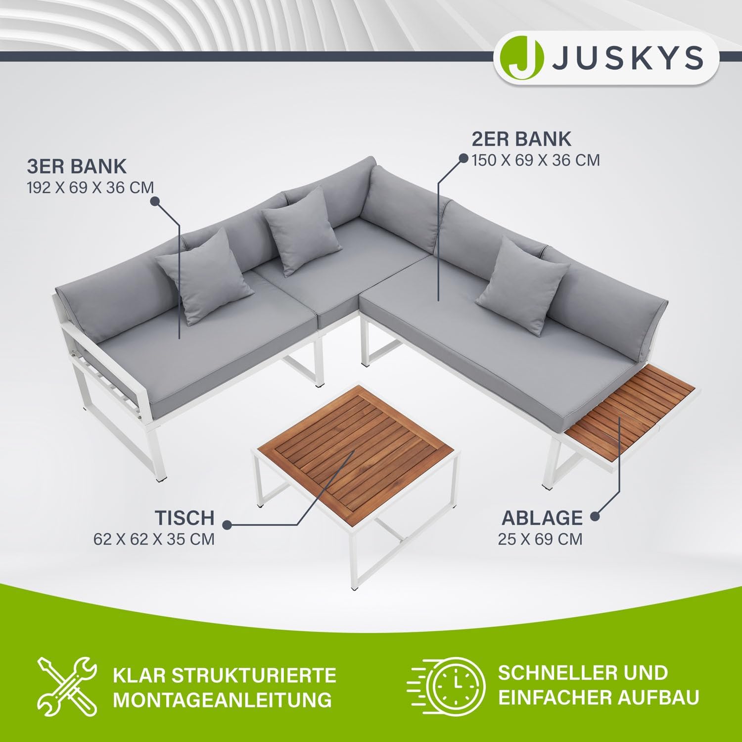 Juskys Gartenmöbel Lounge St. Tropez - 4 Personen Sitzecke - Set mit Tisch, Ecksofa & Kissen - Möbel für Balkon & Garten - Holz Balkonmöbel Weiß