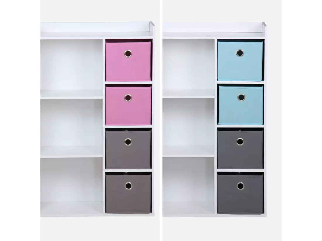 Meuble de rangement pour enfant. blanc - Camille - avec 7 compartiments et 4 paniers gris et bleus
