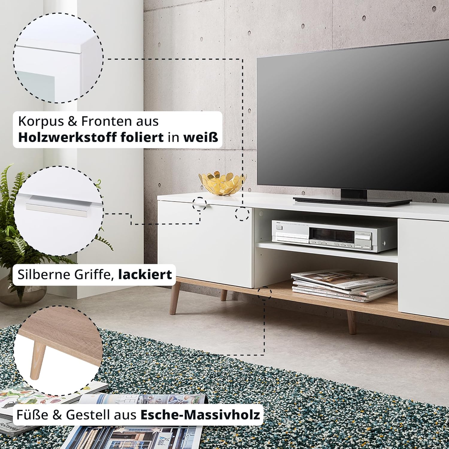 KHG TV-Lowboard 2-türig & 2 Fächer Scandi, TV-Bank aus Holzwerkstoff weiß foliert fürs Wohnzimmer, 35 kg belastbar, 160 x 50 x 40 cm (B/H/T)