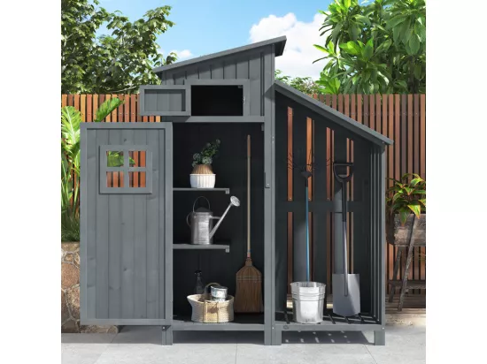 Abri de jardin en bois de sapin - remise à outils avec 2 étagères intégrées - H 173 cm - toit imperméable en PVC - Gris