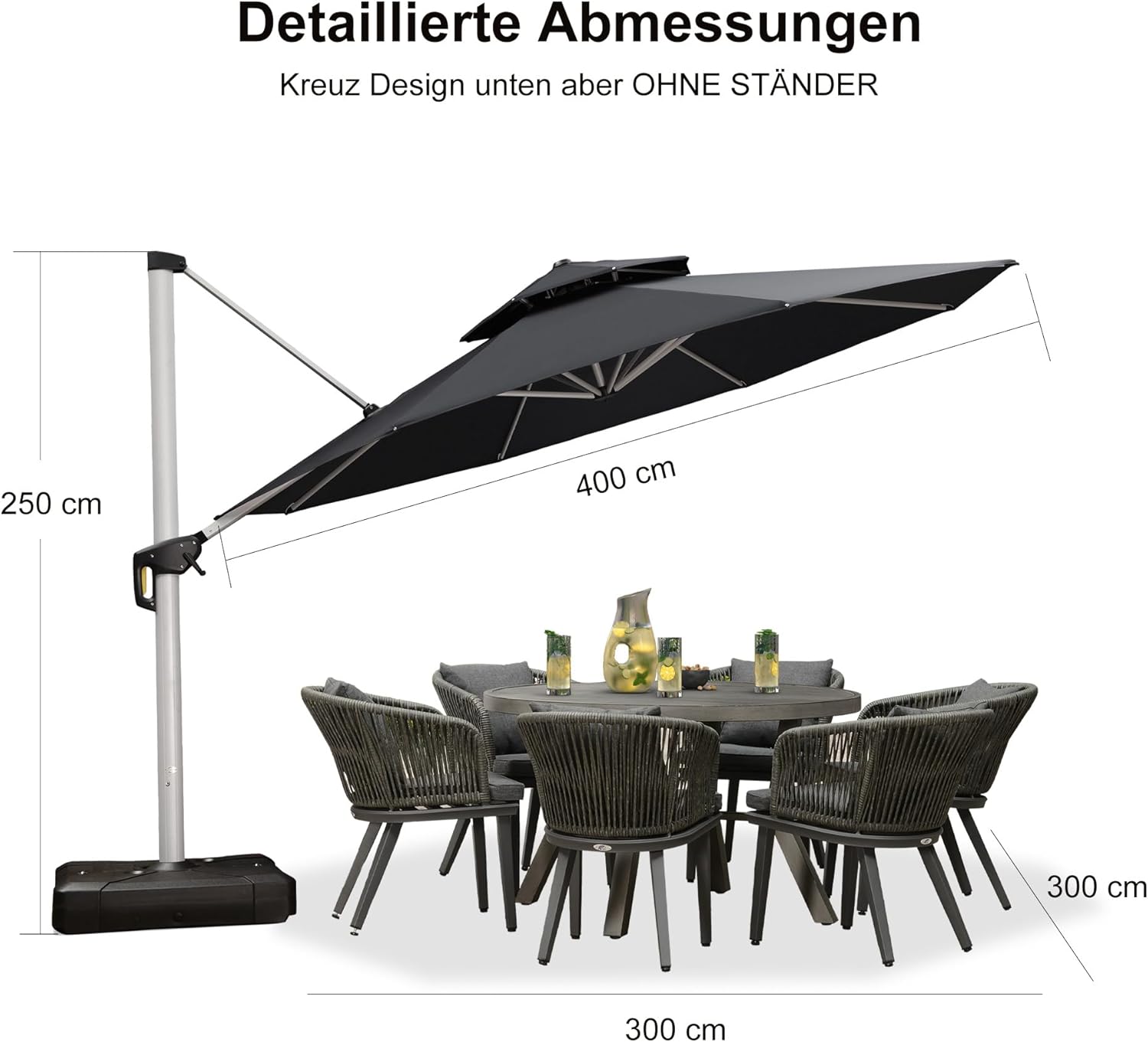 PURPLE LEAF Sonnenschirm Balkon Ampelschirm 400 cm Durchmesser, Marktschirm Groß 360°Rotation, Gartenschirm mit Kurbel, Balkonschirm XXL, Sonnenschutz UV50+, Grau