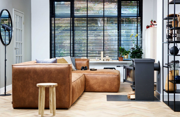 WOOOD Bean bank met chaise longue rechts leer zwart