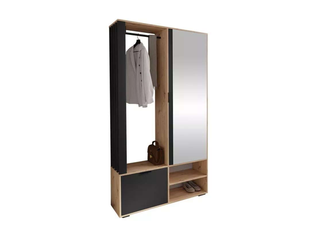 Meuble d'entrée Stanton 145, 190x100x33cm, Miroir, Chêne Artisan|Noir, Stratifié, À poser