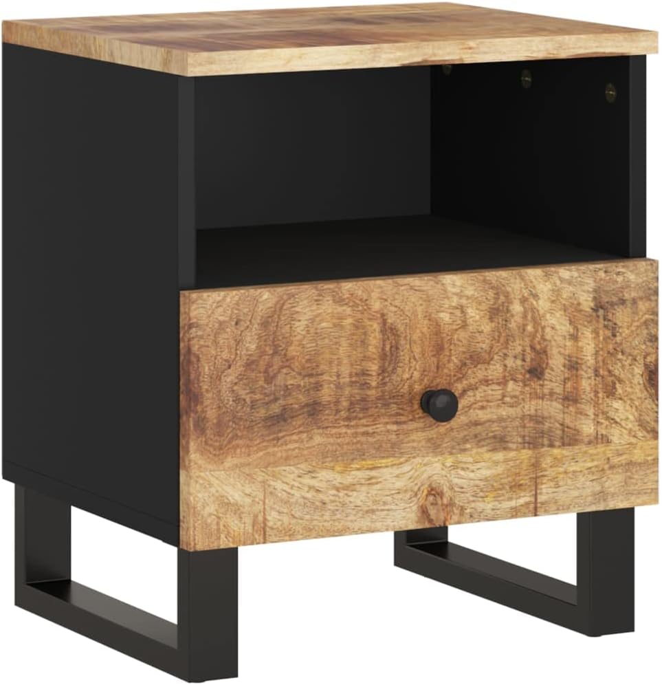 Nachttisch Massivholz Mango & Holzwerkstoff Industrial Style mit Metallbeinen, 1 Fach und 1 Schublade für Stauraum, stabile Oberplatte