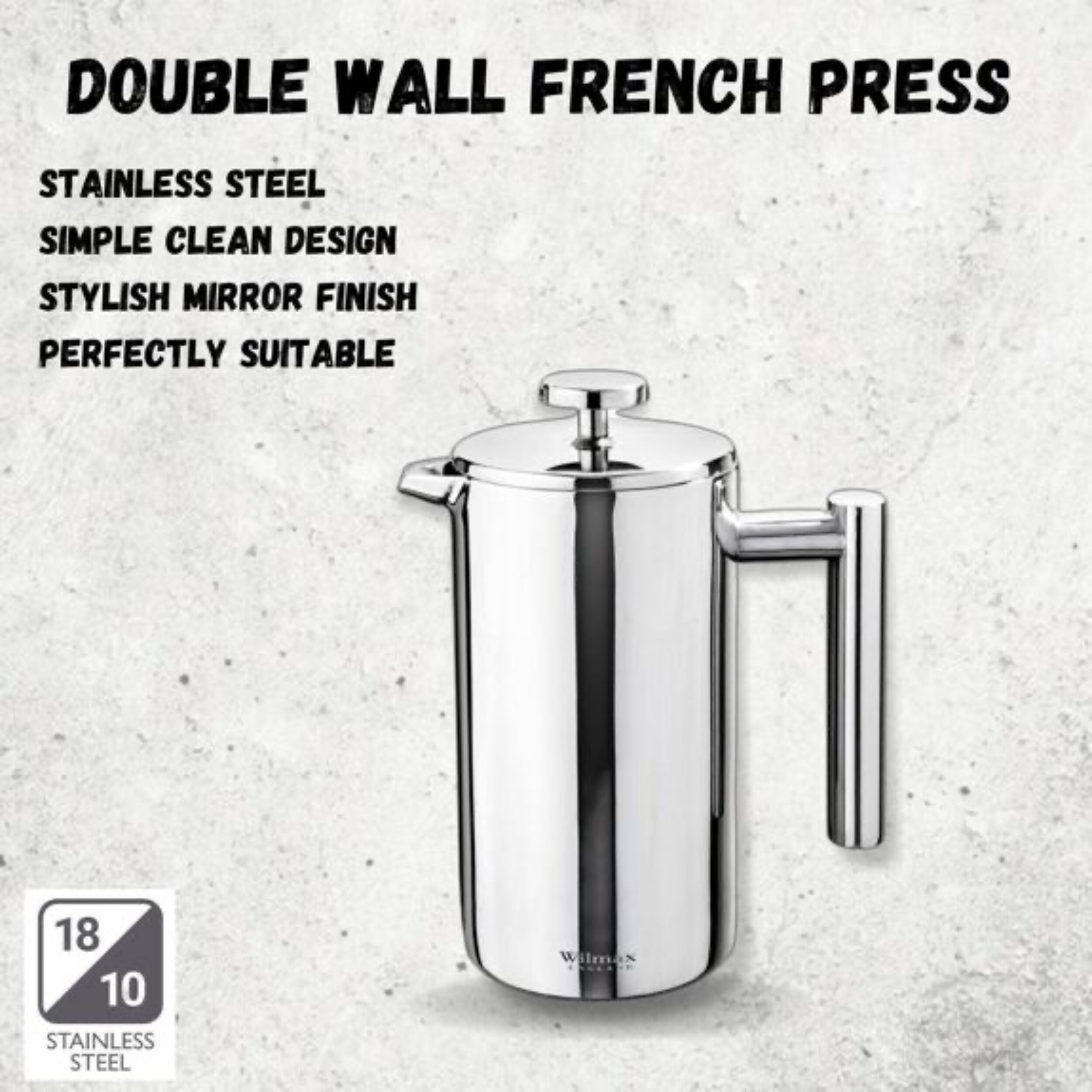 WILMAX doppelwandige French Press aus Edelstahl – 350 ml, elegante Kanne für Kaffee und Tee