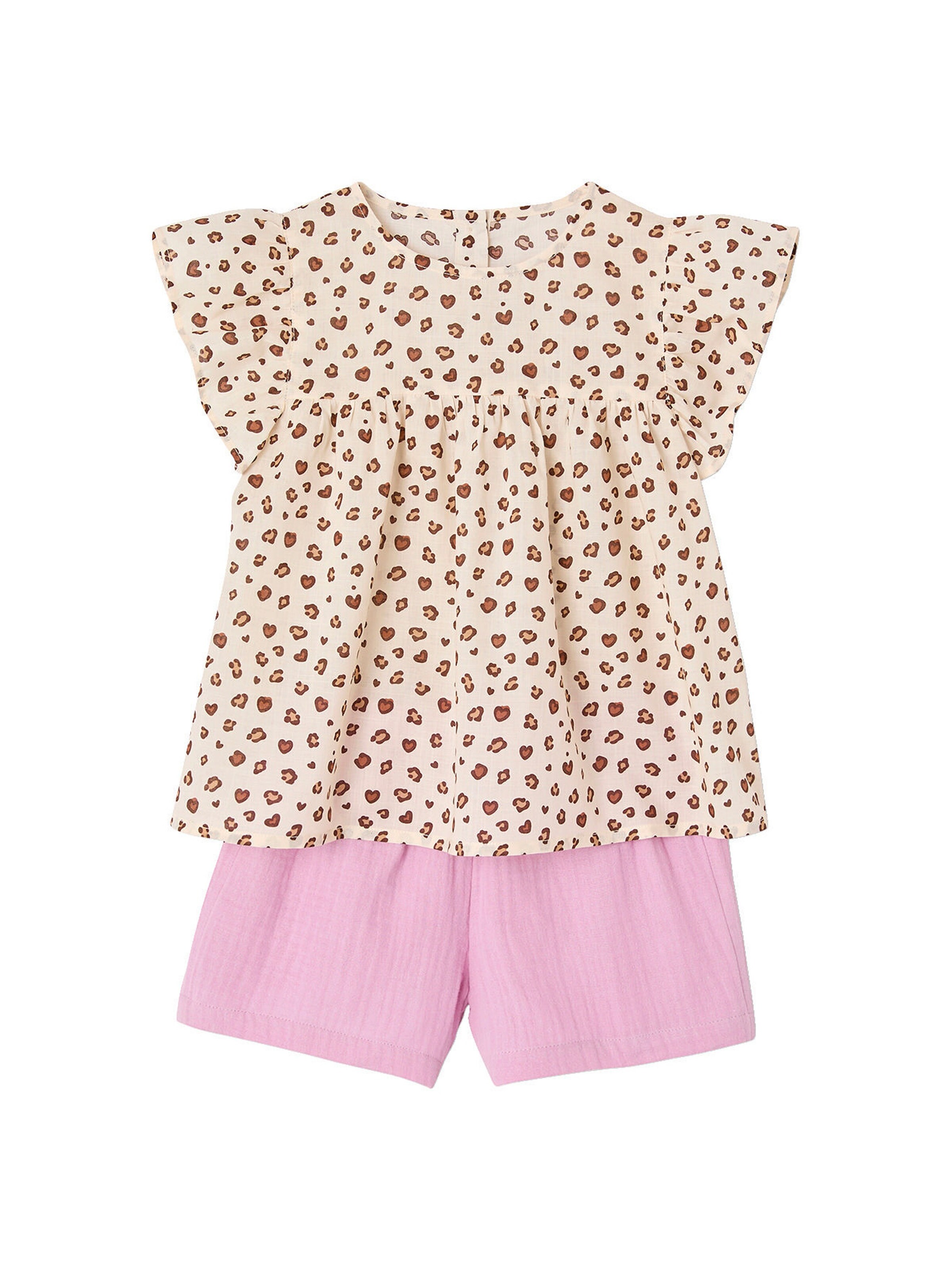 Vertbaudet Mädchen-Set: geblümte Bluse & Musselin-Shorts hellbeige/leo+rosa