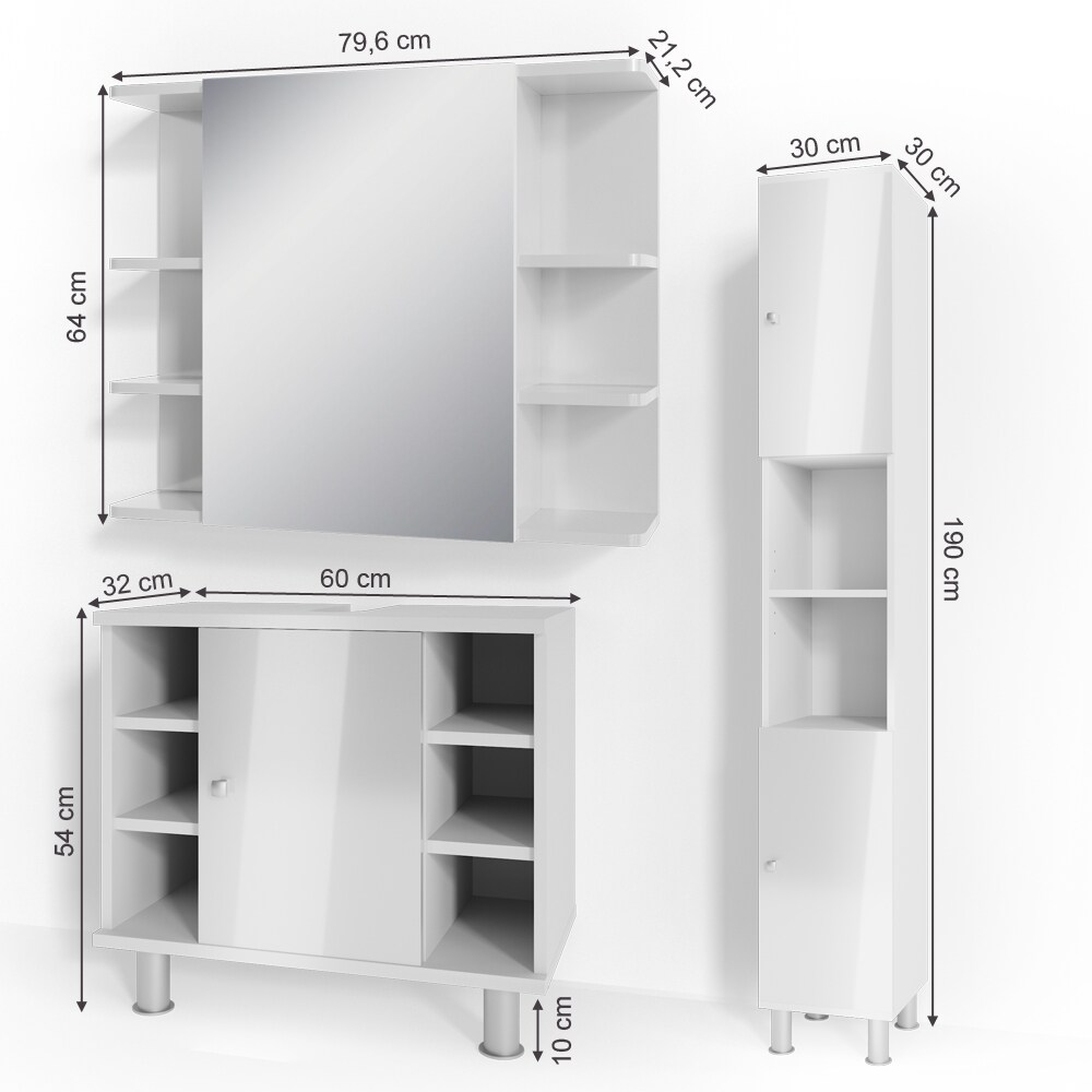 VICCO Badmöbel Set FYNN 3 Teile Weiß Hochglanz - Badezimmer Spiegel Badunterschrank Hochschrank