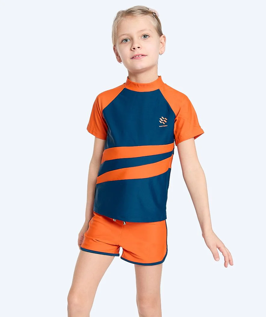Watery UV-trøje til børn - Manami Kortærmet Rashguard - Orange/blå
