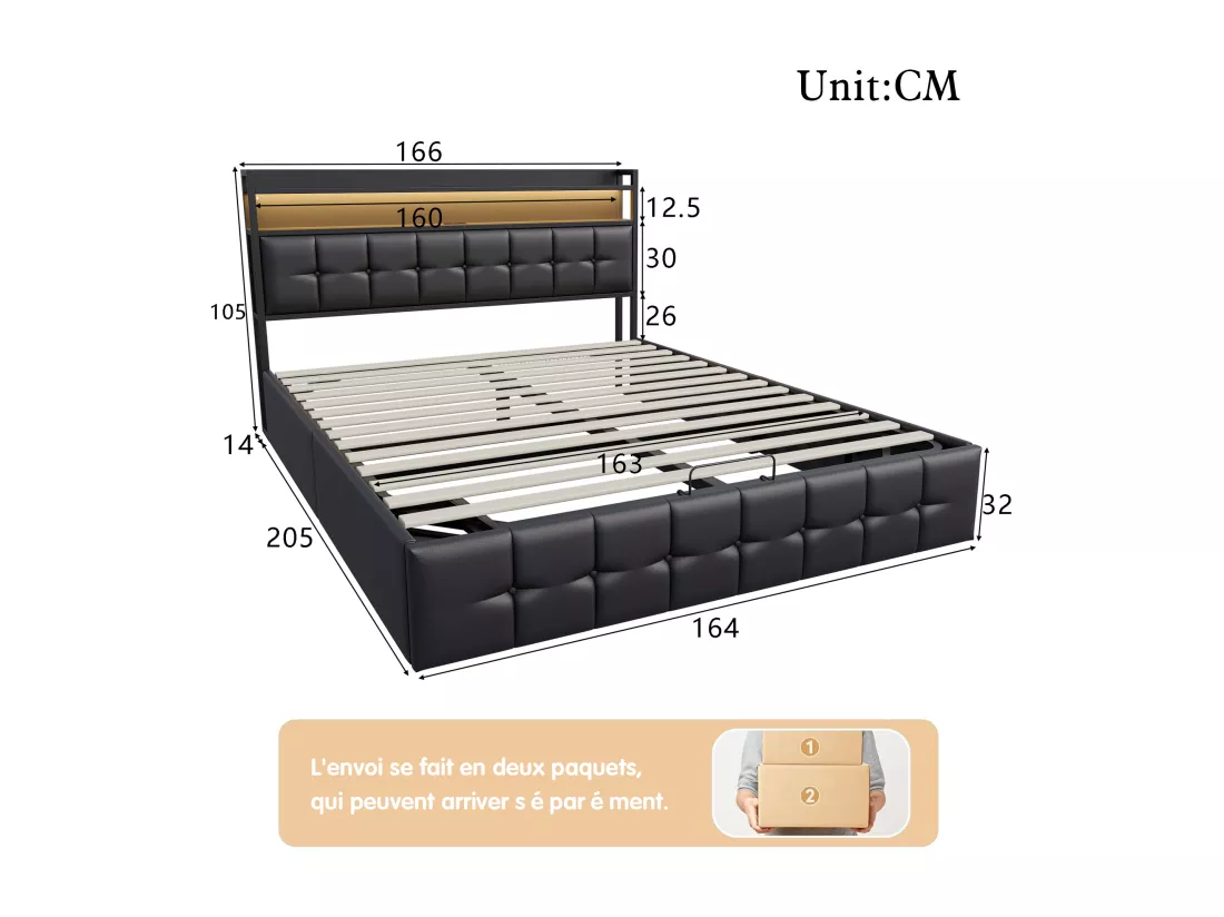 Lit coffre rembourré 160x200cm en tissu de pu - avec LED et port de charge - avec sommier à lattes - Noir