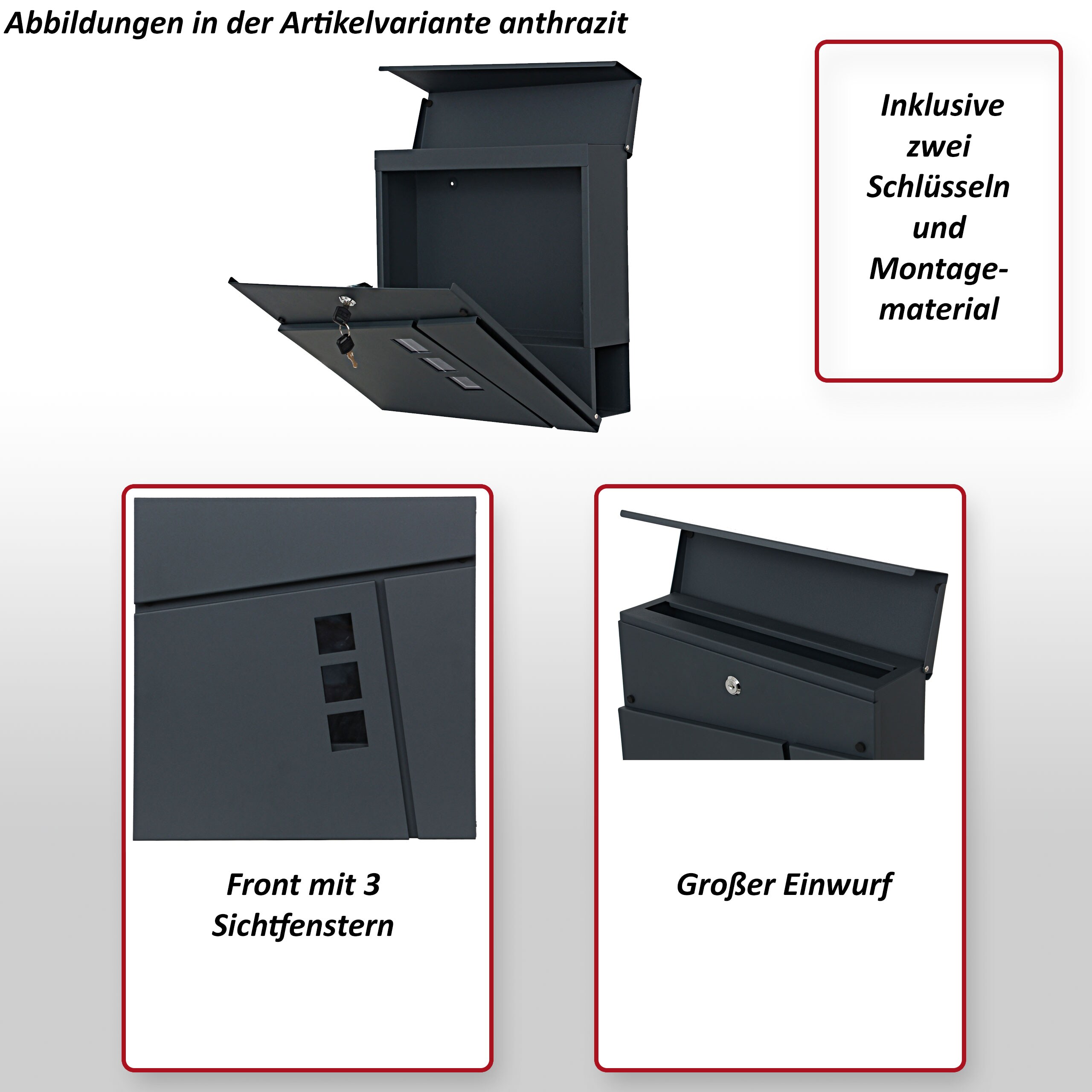 Briefkasten MCW-B28, Wandbriefkasten Postkasten Zeitungsfach, pulverbeschichtet ~ schwarz