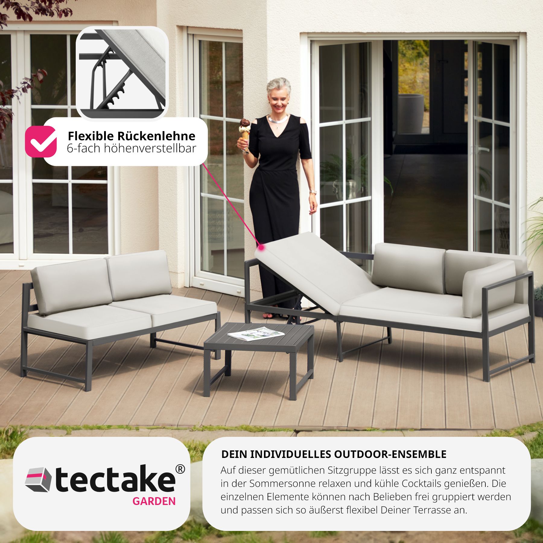 tectake® Sitzgruppe, aus Aluminium, 6-fach verstellbare Rückenlehne, bodenschonende Kunststofffüße