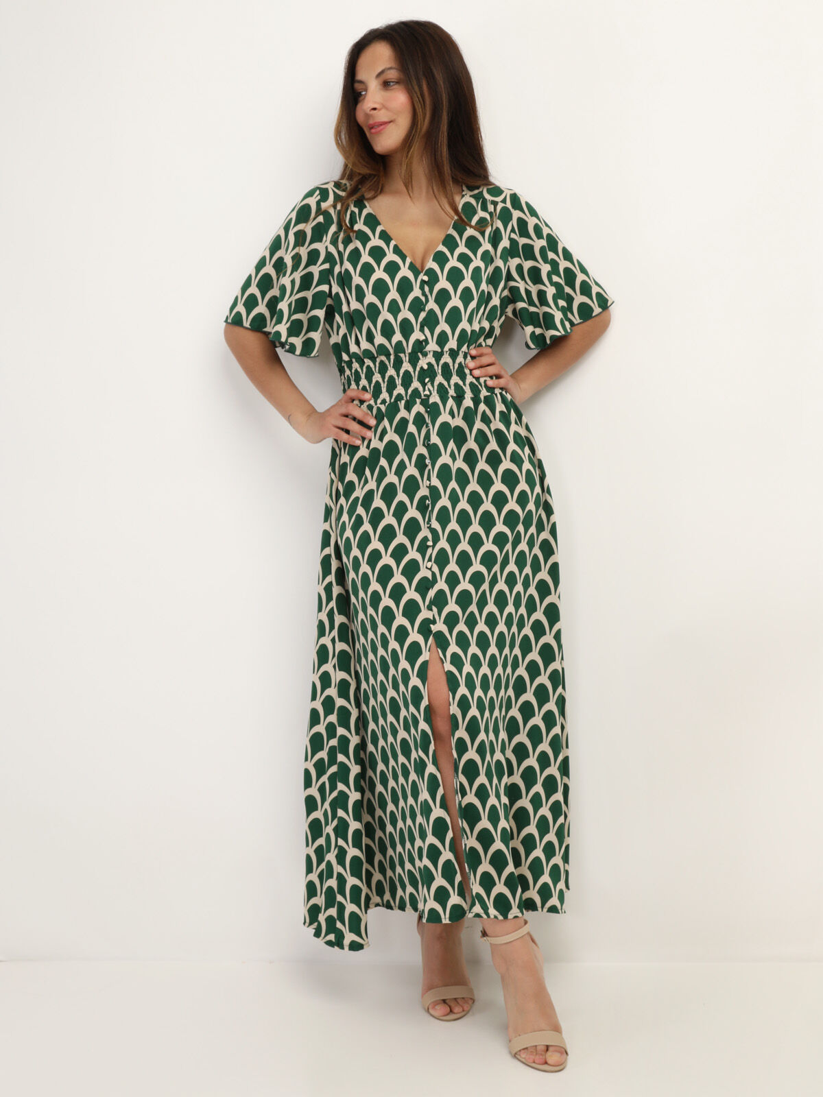 Robe boutonnée à motif graphique- Vert