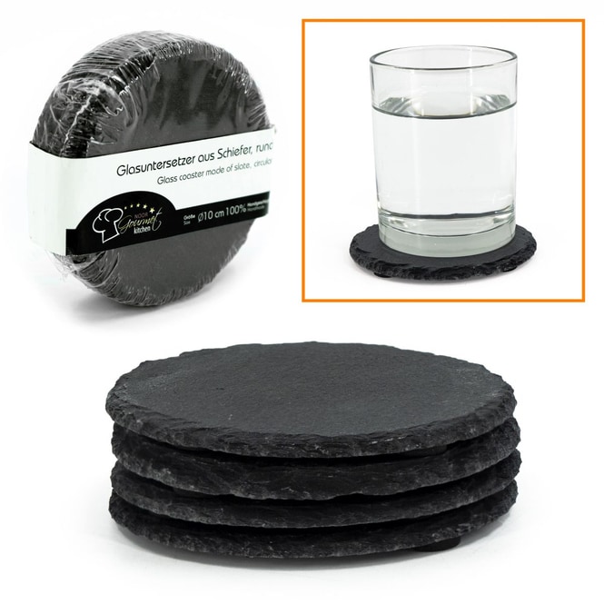 Glasuntersetzer - aus Schiefer - schwarz - Ø ca. 10 cm - 4-teilig - 1 Set