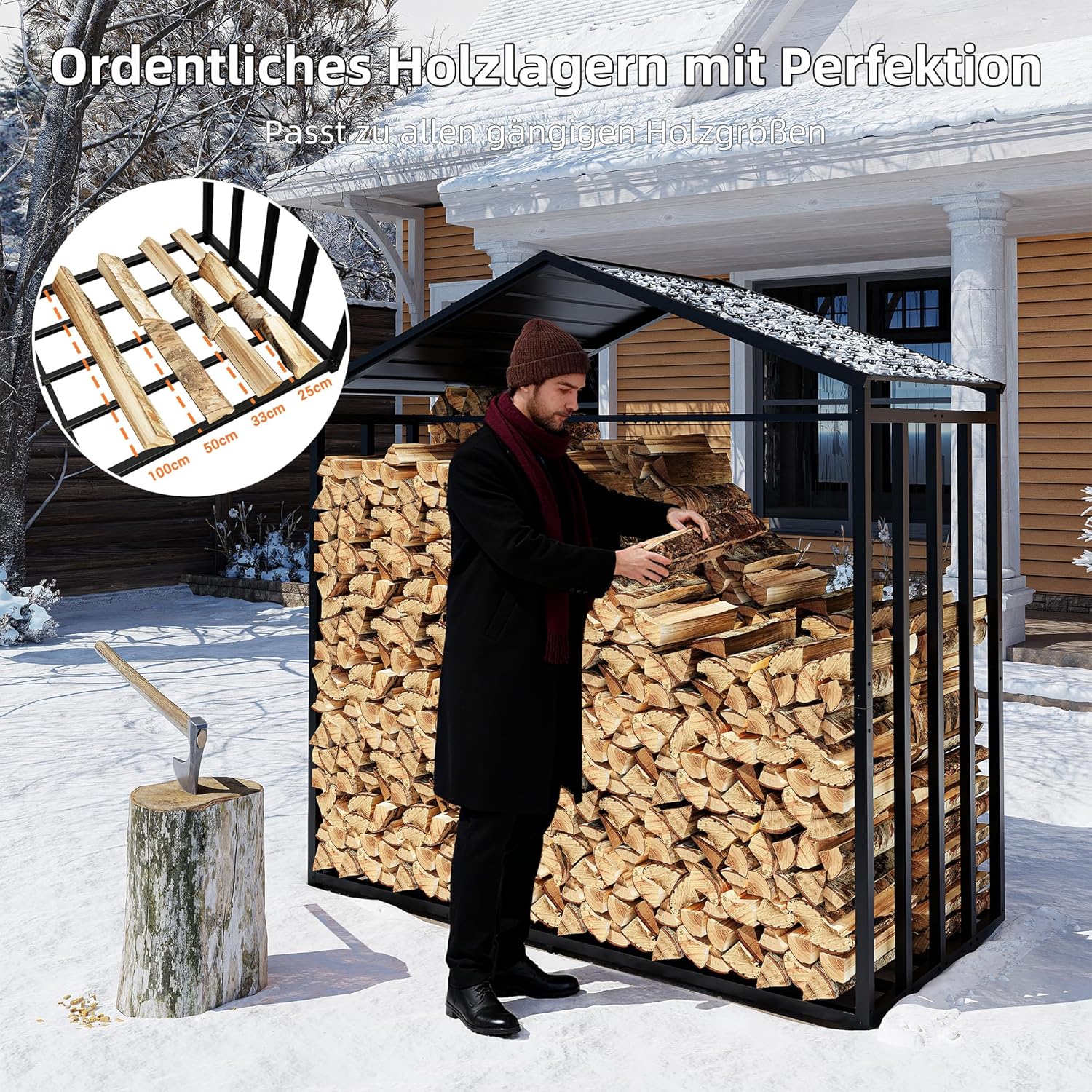 Amopatio Kaminholzregal aussen XXXL – 187x105x190cm, Brennholzregal außen mit Abdeckung 5,3SRM / 3,5m³, Metall Holzstapelhilfe, Stahlrahmen & Metalldach, Garten Holzlager, Holzunterstand, Anthrazit