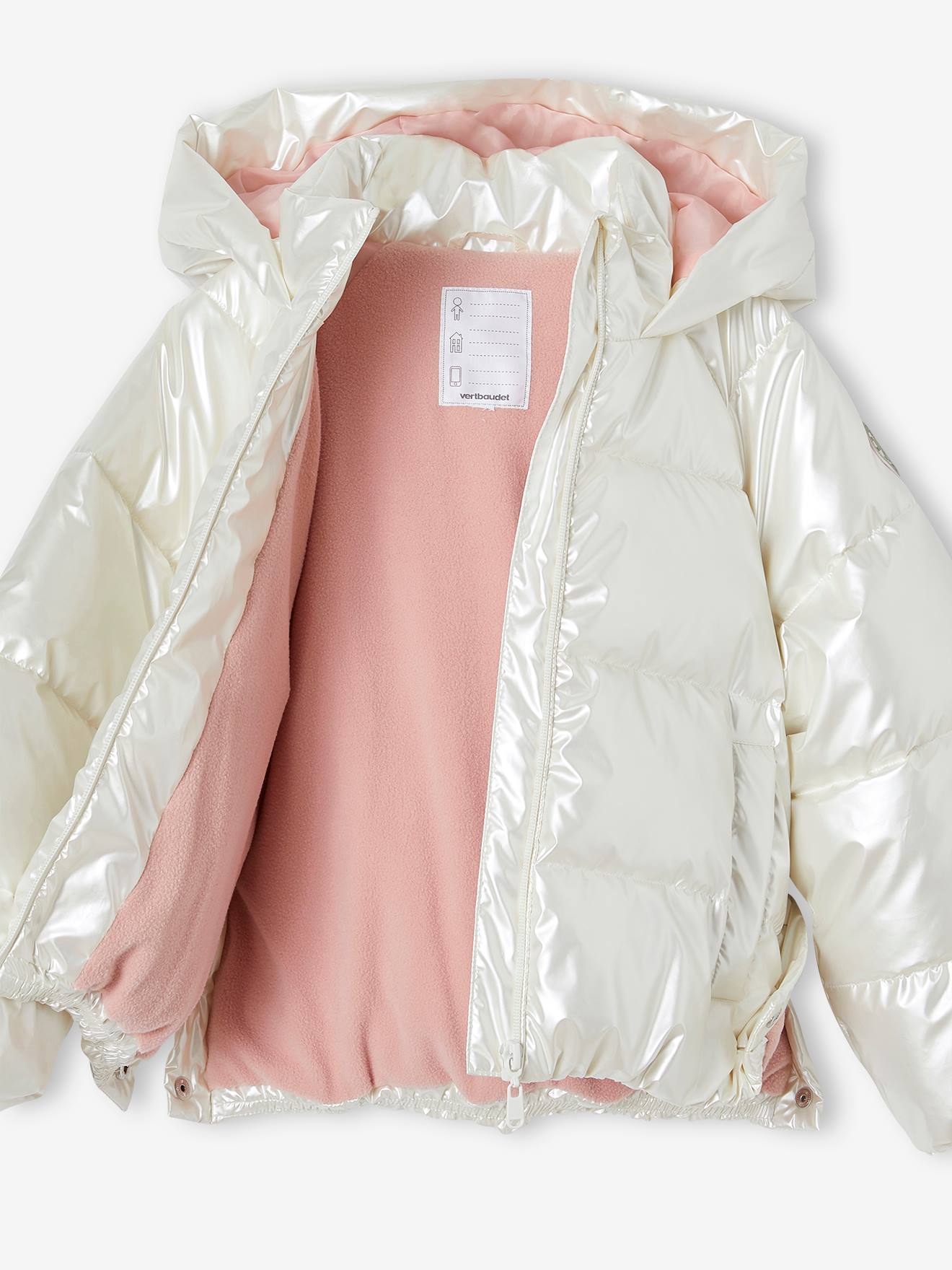 Jaqueta acolchoada com forro de lã, capuz e efeito perolado para meninas, cor off-white.