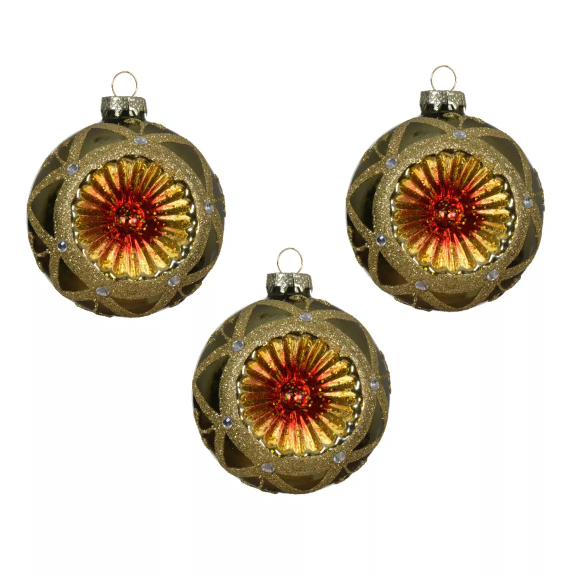 Lot de 3 boules de Noël en verre (D80 mm) Impérial Vert romarin et or