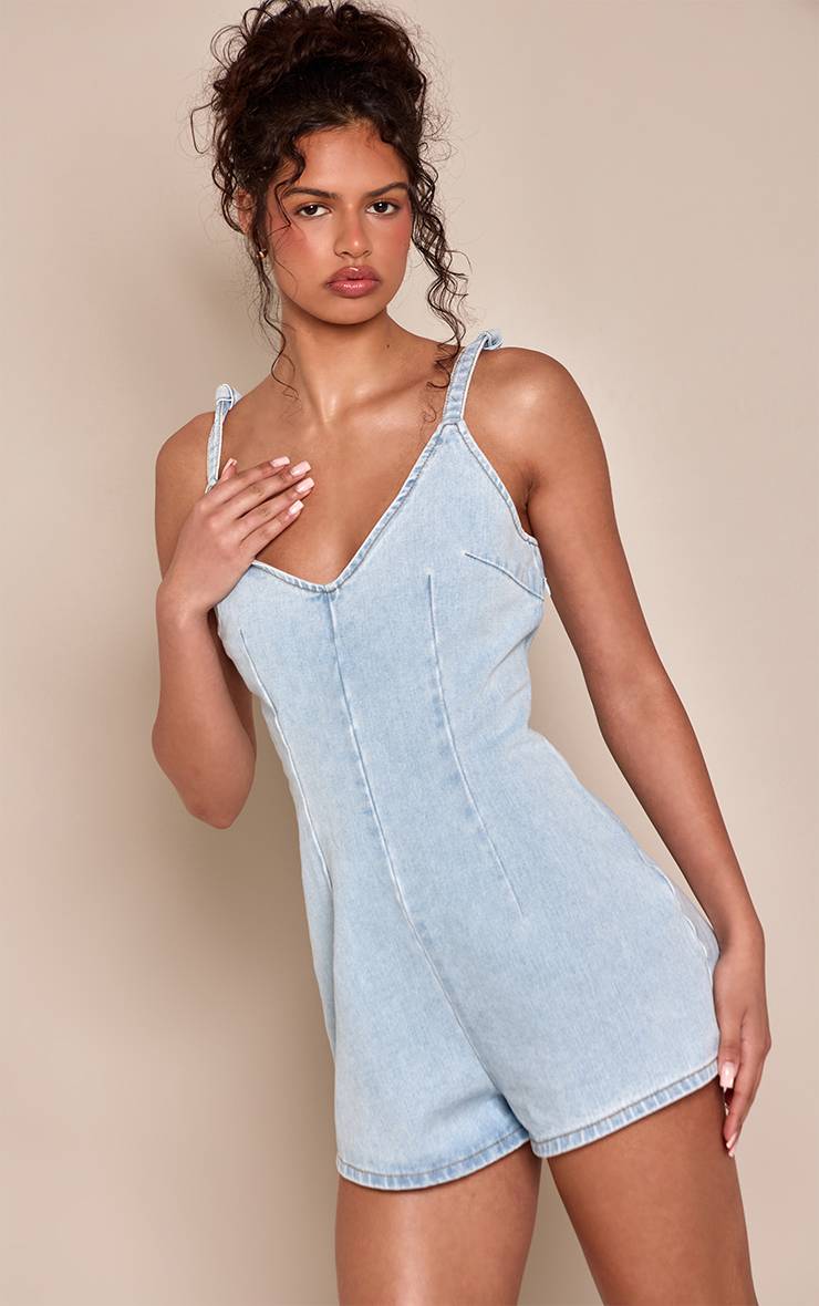 Bleu Clair Combinaison-short En Denim À Bretelles Nouées