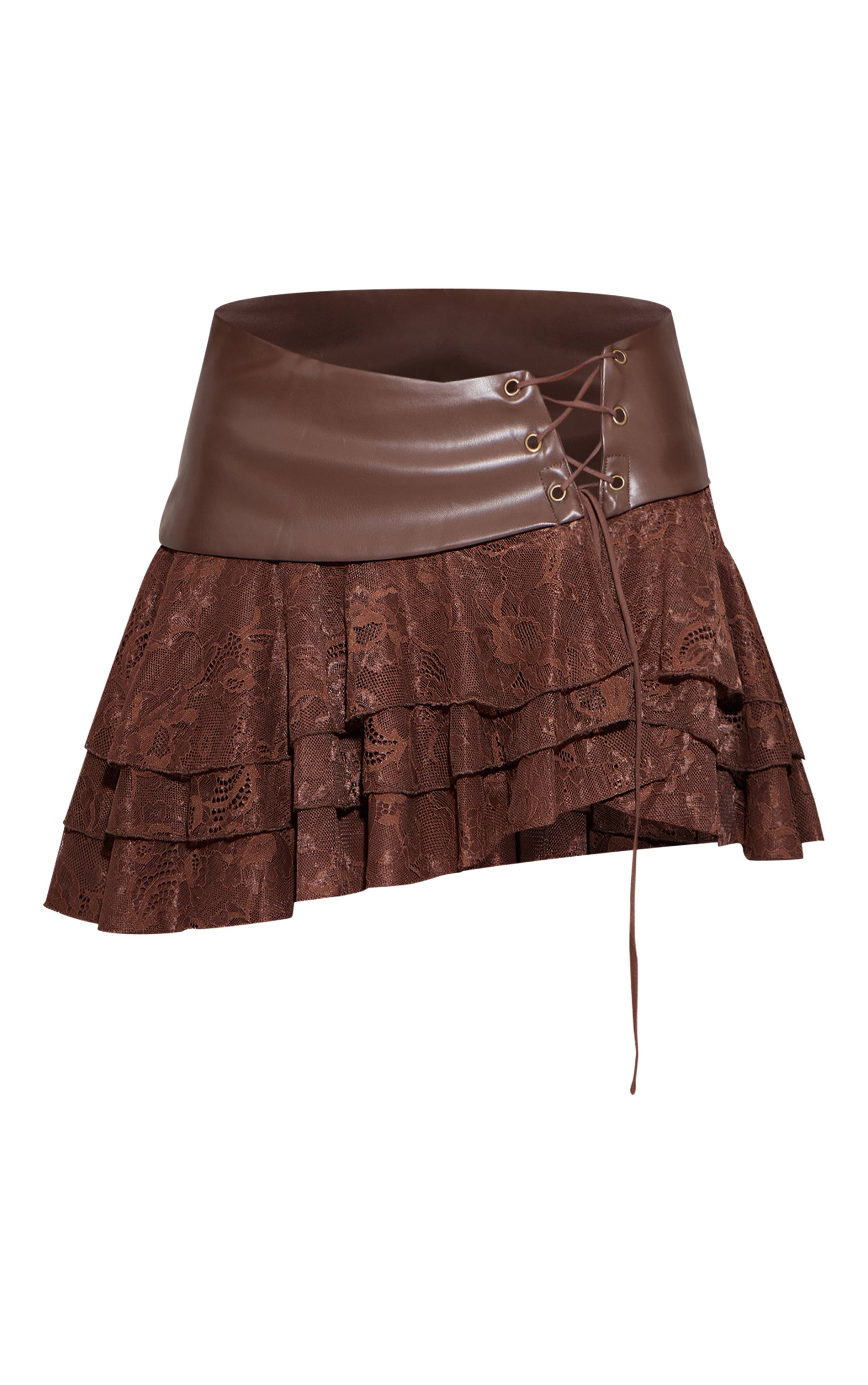 Marron Foncé Ensemble Jupe Mini En Synthétique Avec Détails En Dentelle Lacée