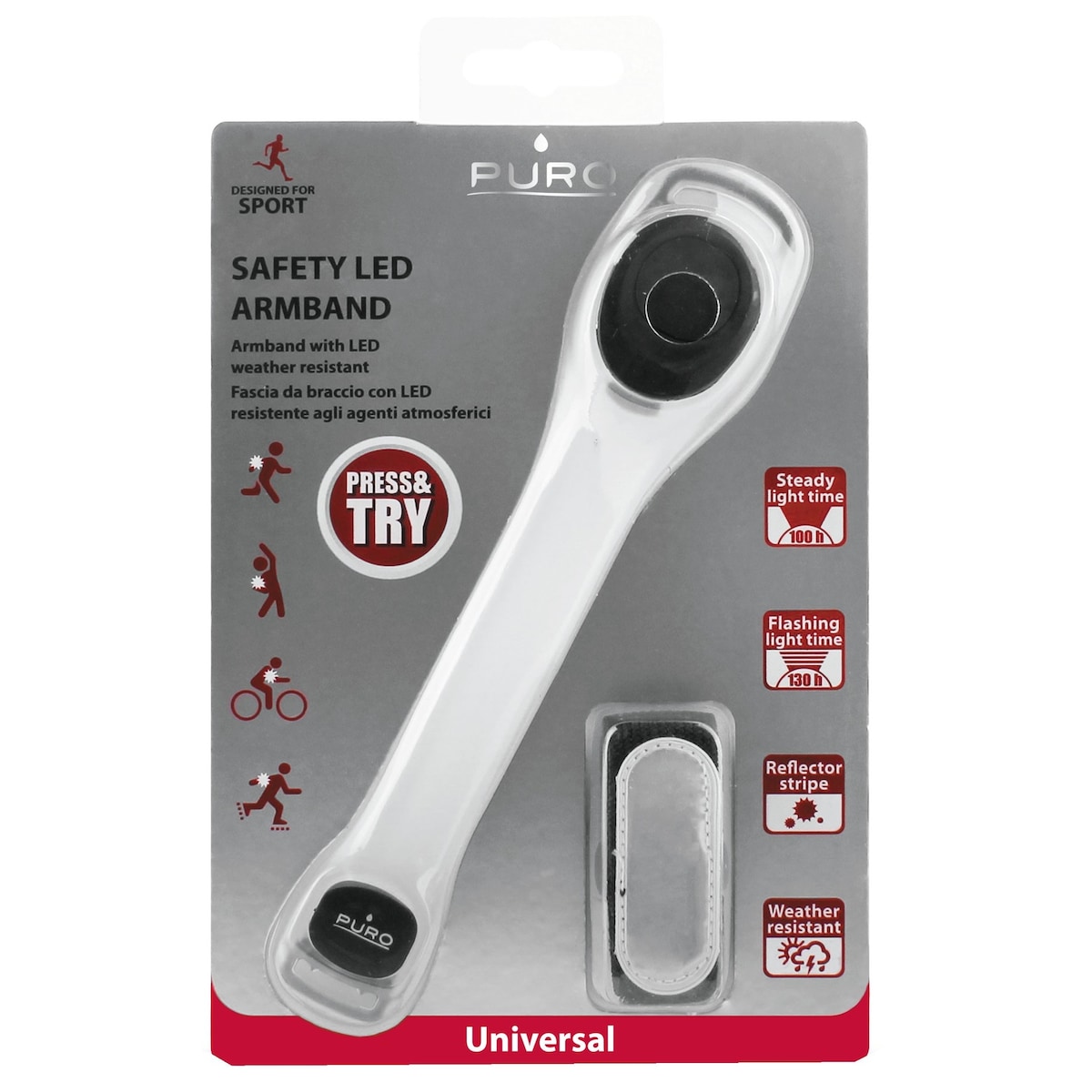 Puro Universal mobilarmbånd m/LED-lys (rød)