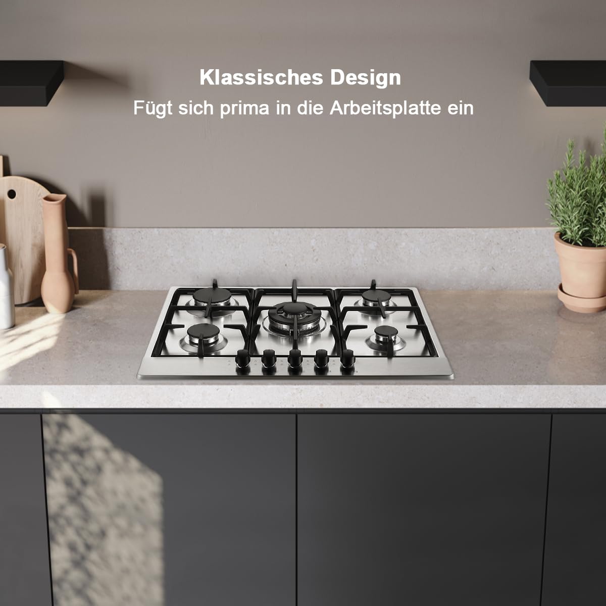 SNDOAS Plaque de Cuisson Gaz 5 Feux, Plaque Gaz avec Panneau en Acier Inoxydable, Sécurité Thermocouple, Convient pour le Gaz Naturel/Propane, 68cm, 1