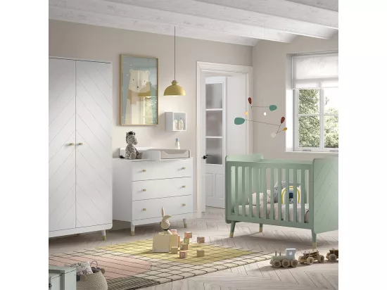 TINY WHITE - Chambre avec lit bébé vert + table à langer + Armoire 2 Portes