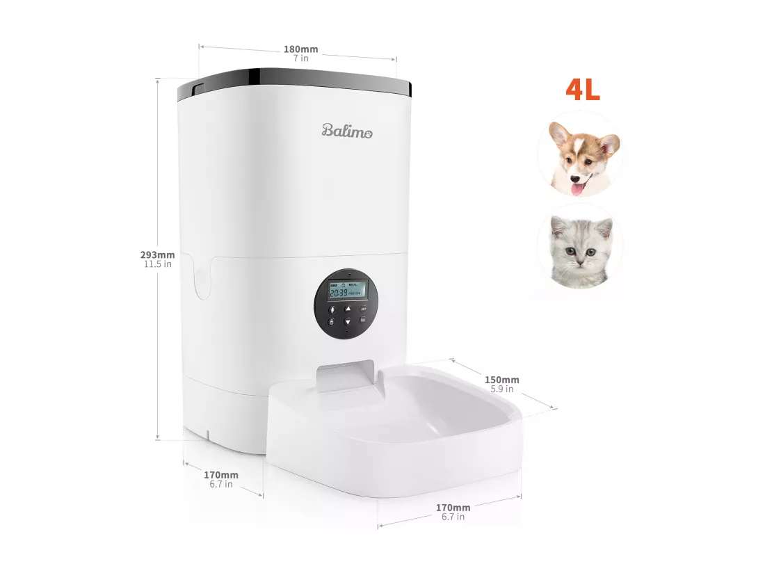 Balimo 4LDistributeur de Croquettes Chats/Chiens,avec Adaptateur Secteur/Batterie ​Mangeoire avec Écran LCD,Enregistrement Vocal 10S ,minuterie,Blanc