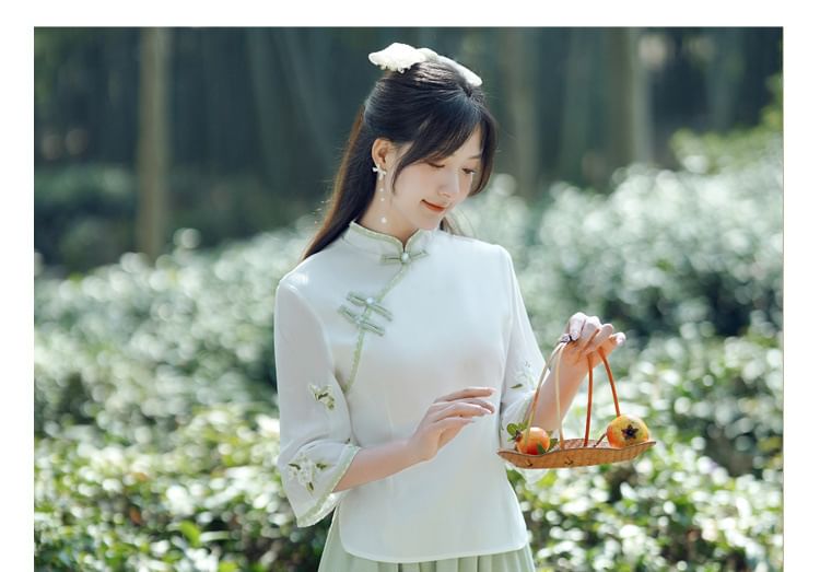 Fioridi - Elleboogmouw Bandkraag Bloemen Hanfu Top / Midi A-lijn Rok / Set